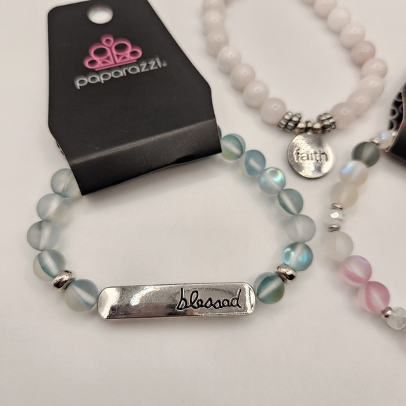 Paparazzi Pastel Beaded Stetch Bracelet Trio Blessed & Faith Charms NWT - Picture 2 of 4